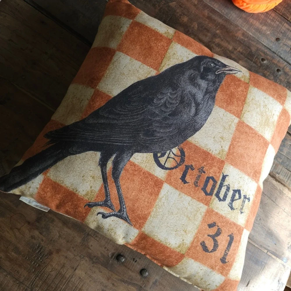 Pottery Barn Halloween Crow Raven October 31 Checkered Pillow 20